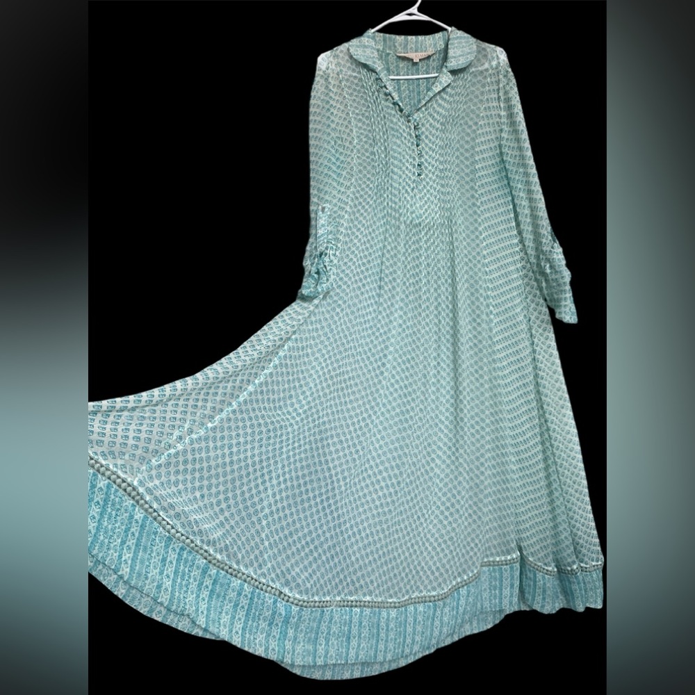 Ritu Kumar Green Viscose Chiffon Winged Collar Maxi Dress Size 36/US S Flaw